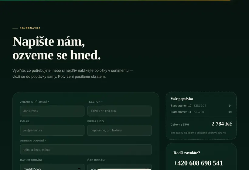 Objednávkový formulář se souhrnem poptávky